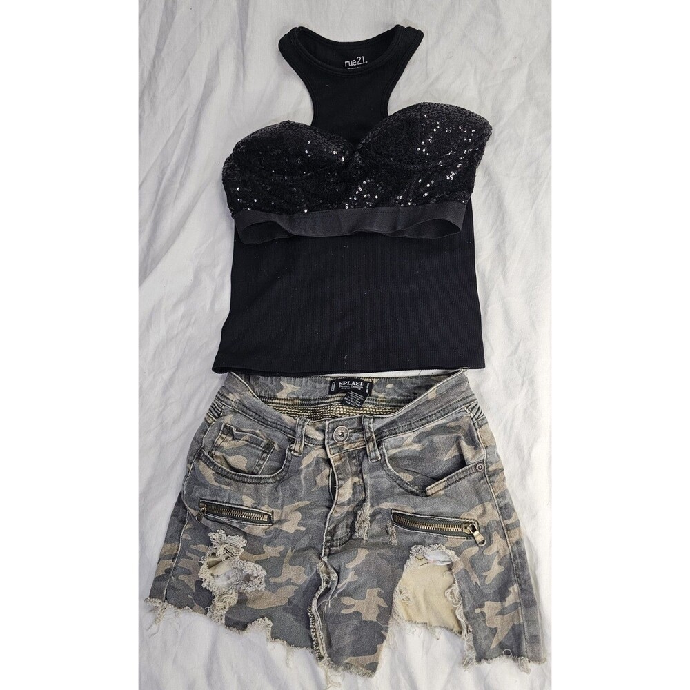 Curated Women’s Outfit Lot Sequin Crop Tops Distressed Camo Skirt Mesh Hoodie